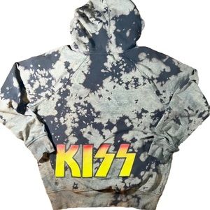 KISS Sweatshirt Adult Large Gray Black Tie Dye Rock Band Hoodie Pullover Pocket